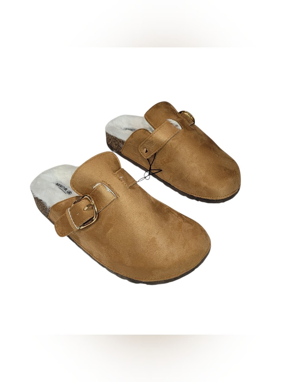 Arden B. Womens Faux Fur Lined Tan Suede Clogs Size 8